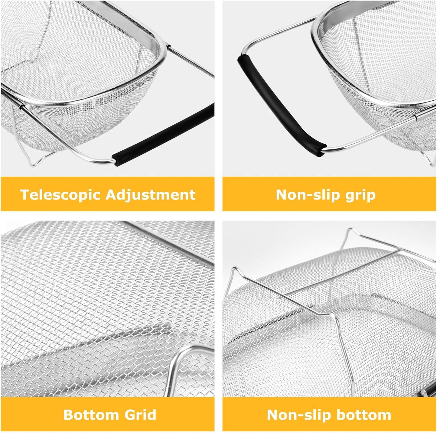 ZDRongZhen Kitchen Accessories Over the Sink Colander Strainer Basket，Stainless Steel Colander with Expandable Rubber Grip Sink Drainer-Rinse Vegetables Fruits &Strain&Drain (Medium-Fine mesh)