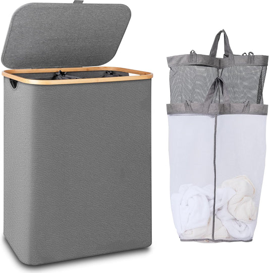 150L Laundry Hamper with Lid-Large Laundry Basket with Bamboo Handles, Grey Hampers for Laundry, Dirty Clothes Hamper with 2 Removable Inner Bags for Clothes Toys Towels