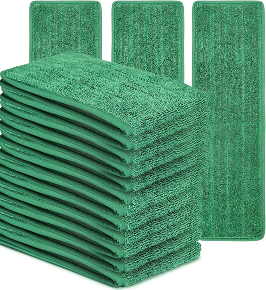 Matthew 18'' Microfiber Mop Replacement Pads for Wet Dry Reusable Mops Floor Home Commercial Cleaning Refills, Machine Washable Compatible with Bona Mop&Any Microfiber Flat Mop System Green (12 Pack)