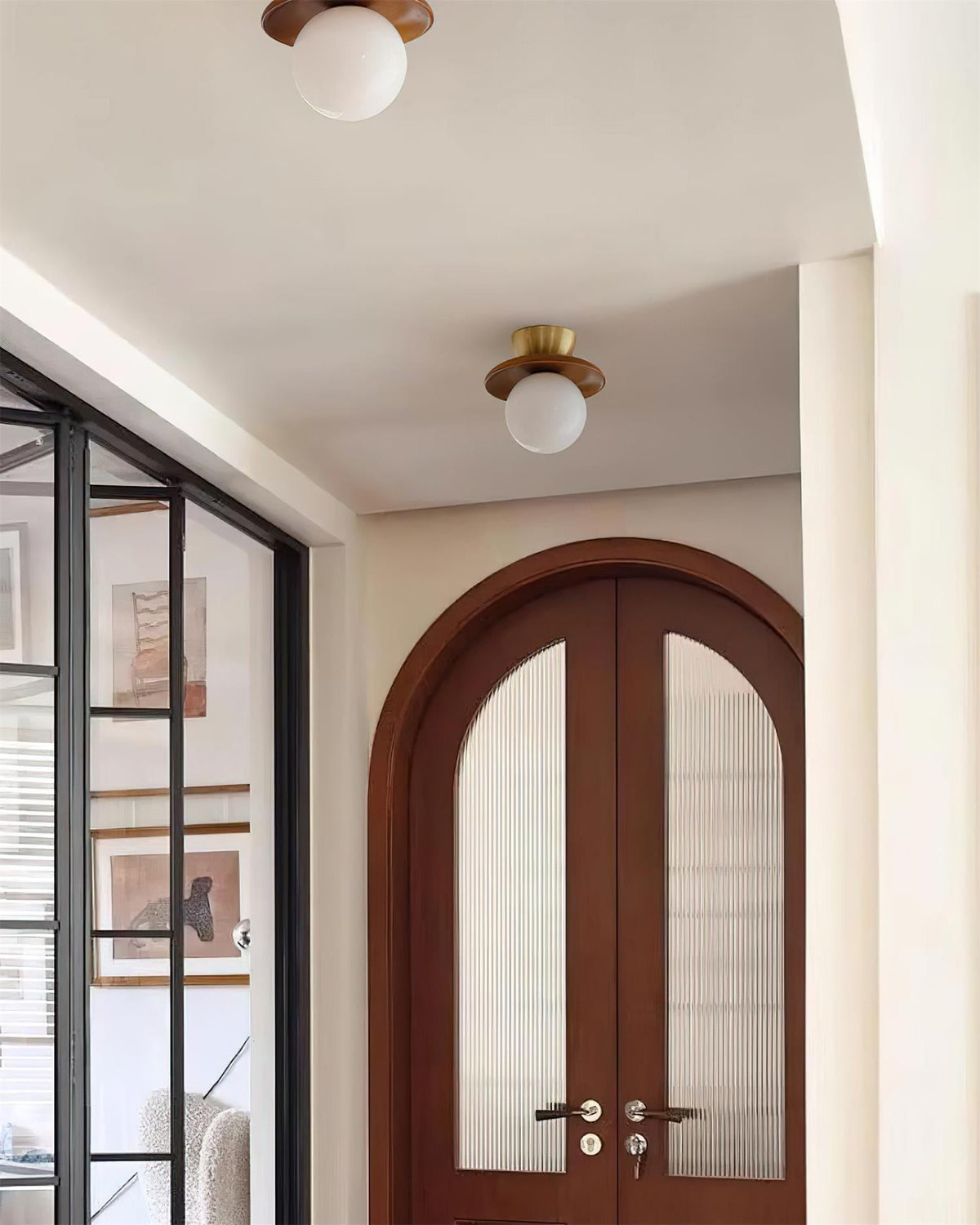 Mid-Century Walnut Brass Globe Ceiling Light