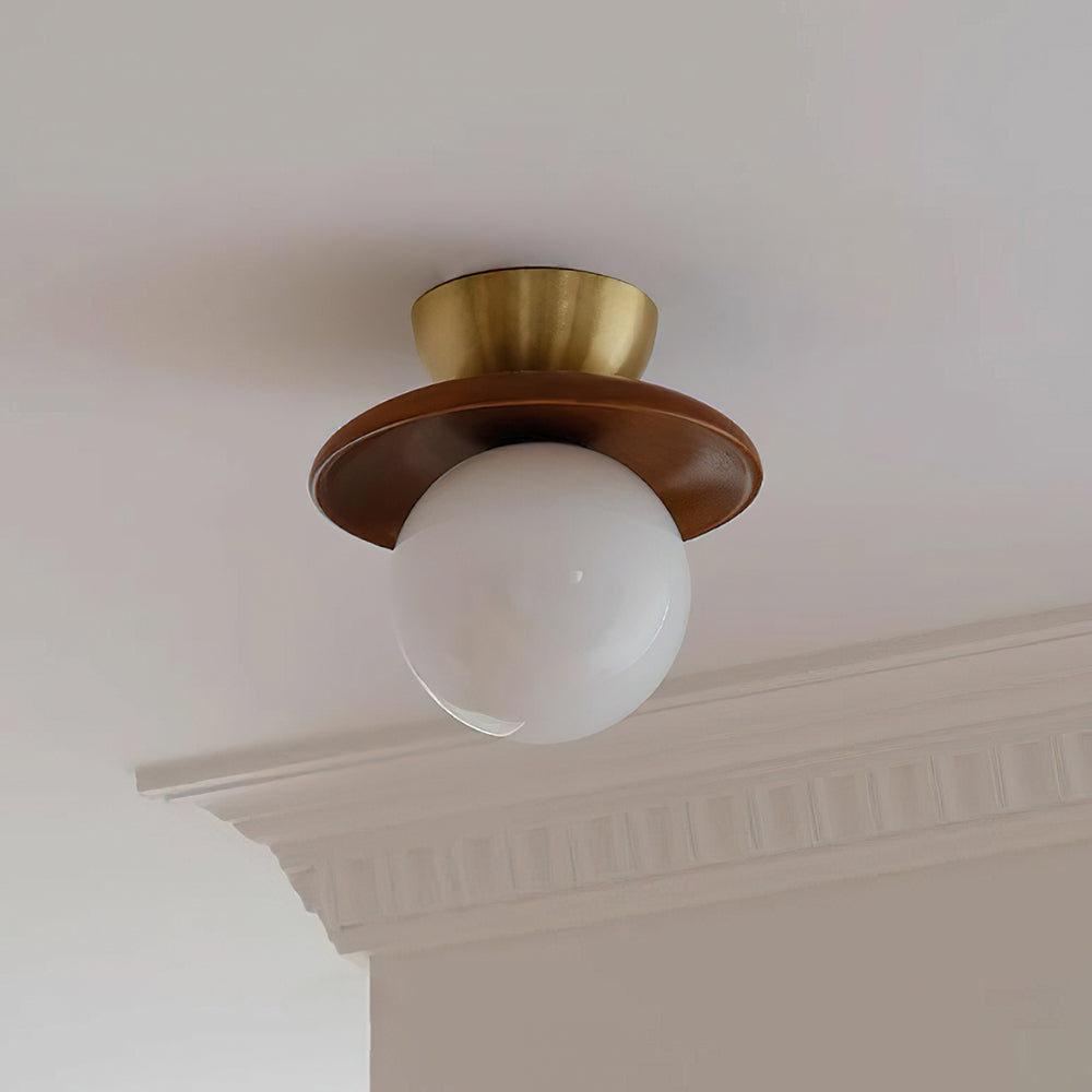 Mid-Century Walnut Brass Globe Ceiling Light