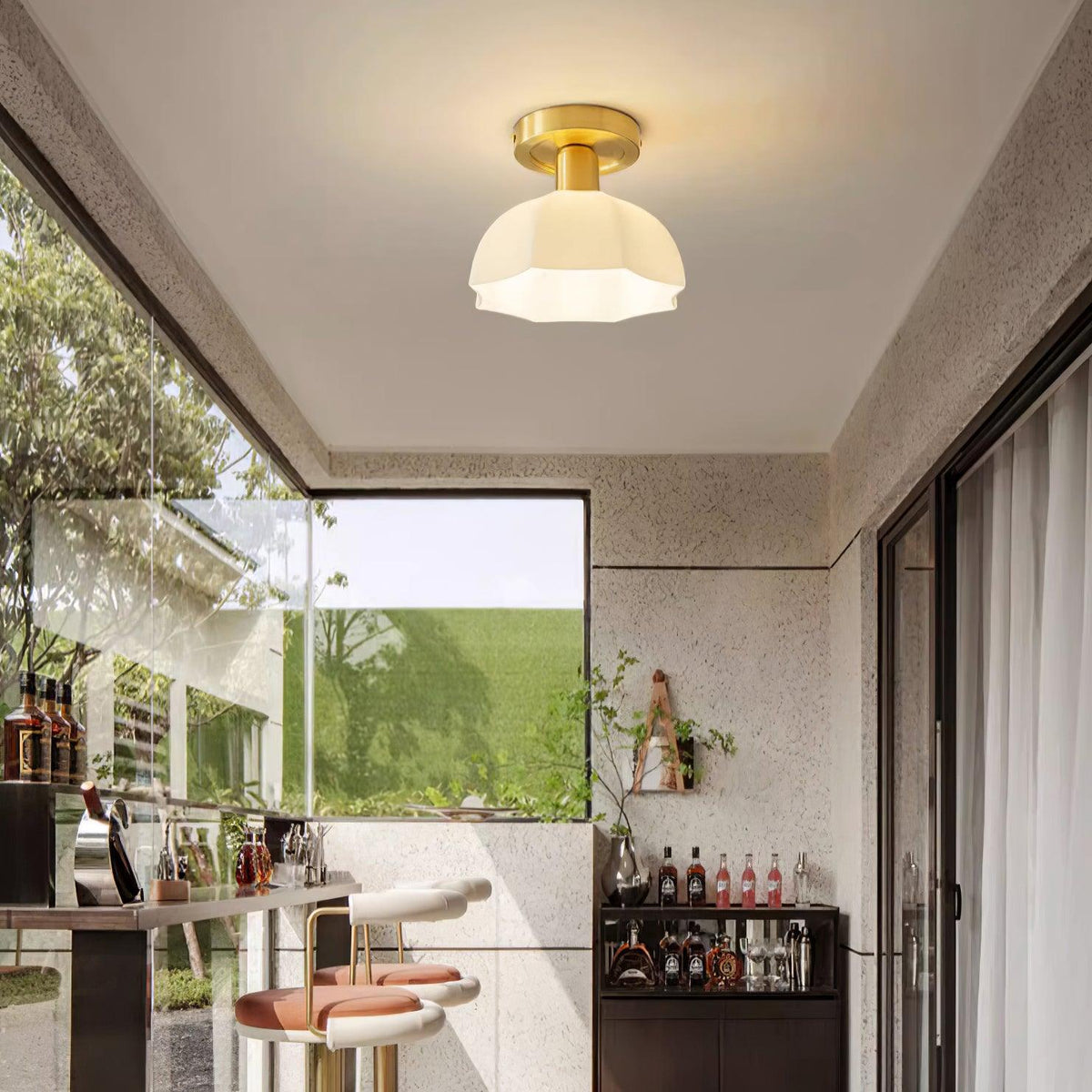 Mid-Century Brass Opal Glass Flush Mount Light