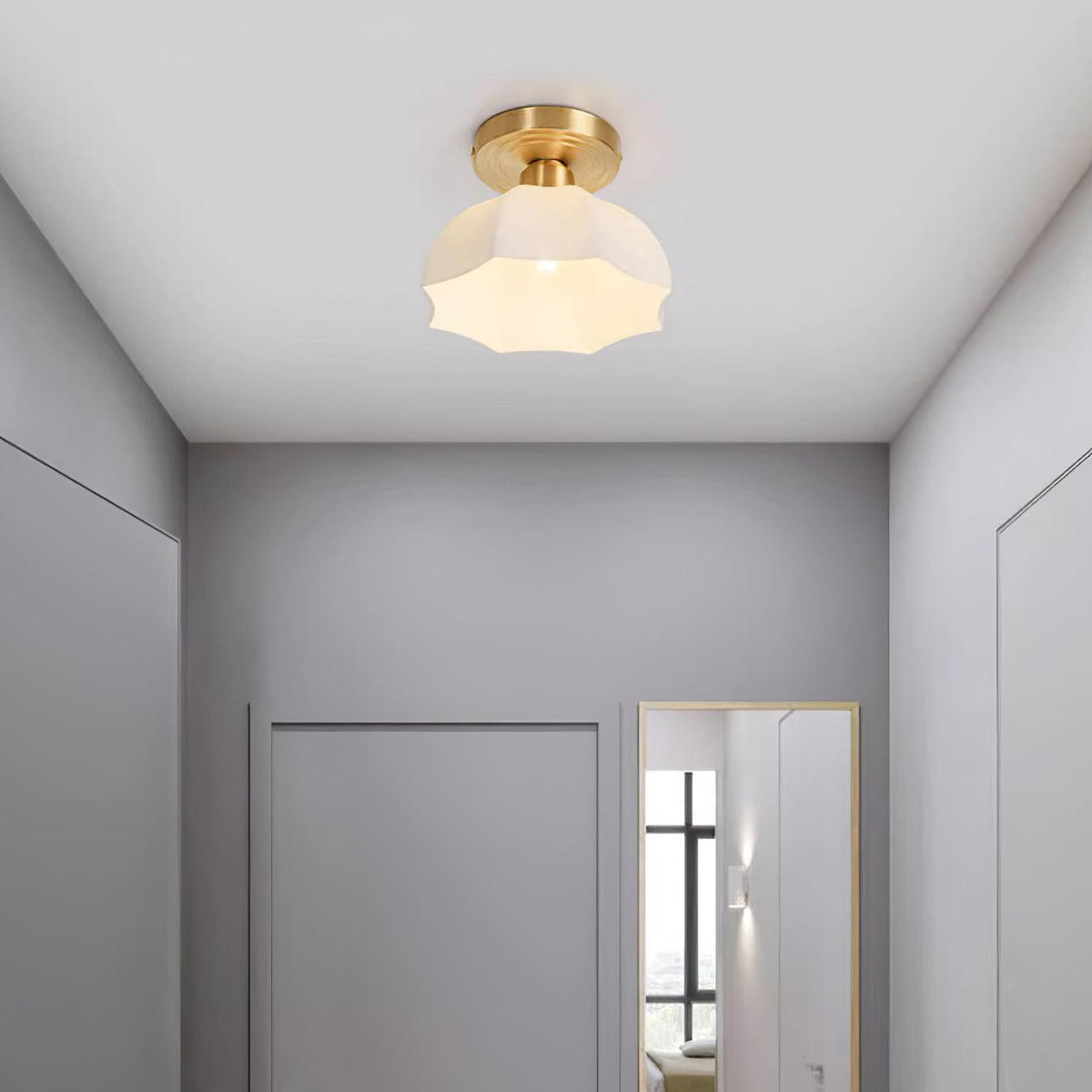 Mid-Century Brass Opal Glass Flush Mount Light