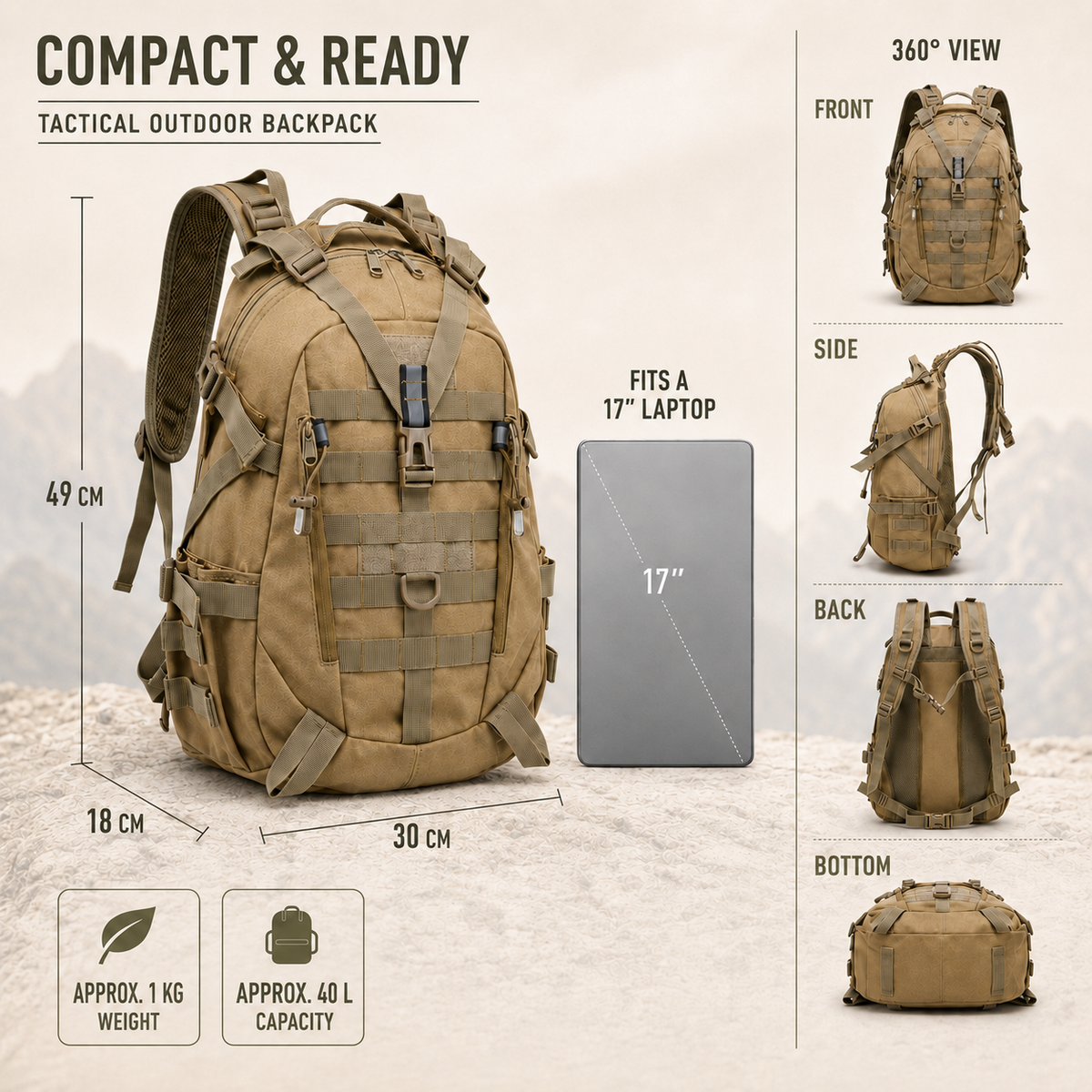 Water-Repellent 40L Hiking Backpack