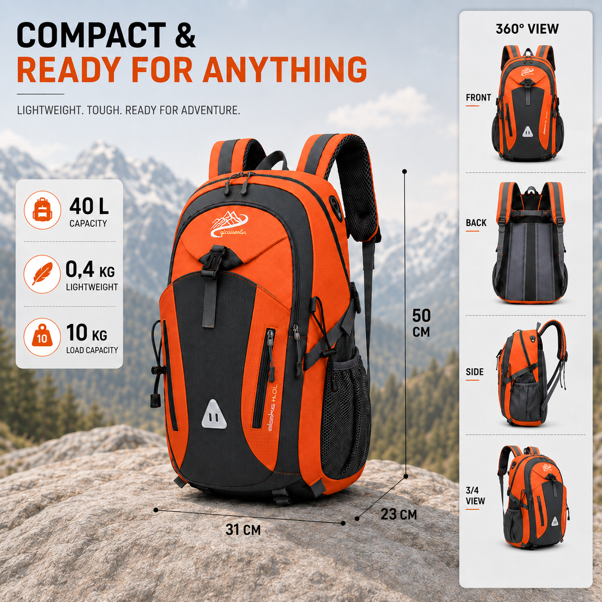 Water-Repellent Multi-Compartment Hiking Backpack