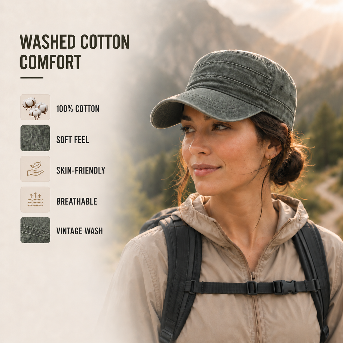 Washed Flat-Top Military Cap