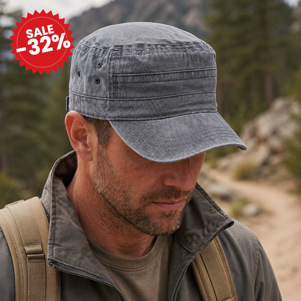 Washed Flat-Top Military Cap - SALE -32%