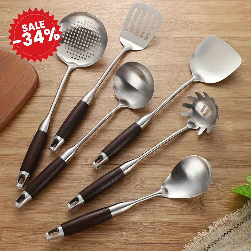 Gleaming Stainless Steel Wooden Utensils | 6Pcs Set - SALE -34%