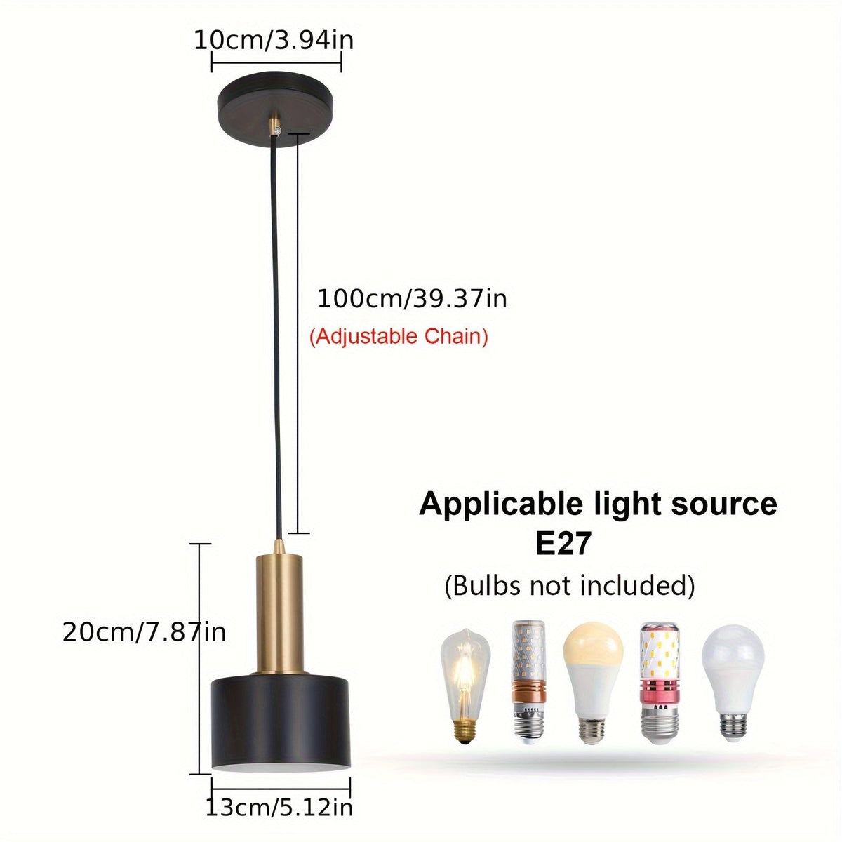 Modern Black & Gold Pendant Light | Adjustable Height E27 Fixture