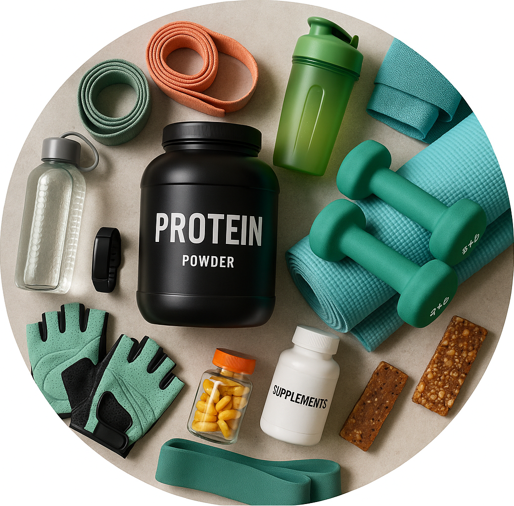 circle photo of wellness and fitness products, make it a real photo